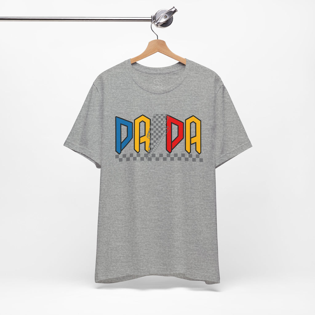 DA DA Retro Checkerboard Graphic Tee — 'DA DA' Colorblock Dad T‑Shirt
