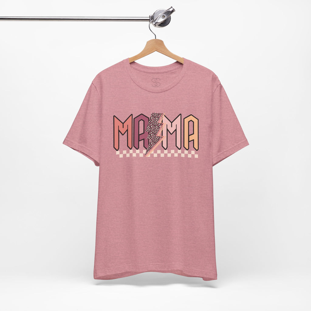 Mama Retro Lightning Tee – Vintage Checkered Mom T-Shirt