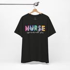 Nurse Rainbow Block Letters Tee — "NURSE" with Coffee, Scrubs, Rubber Gloves Text