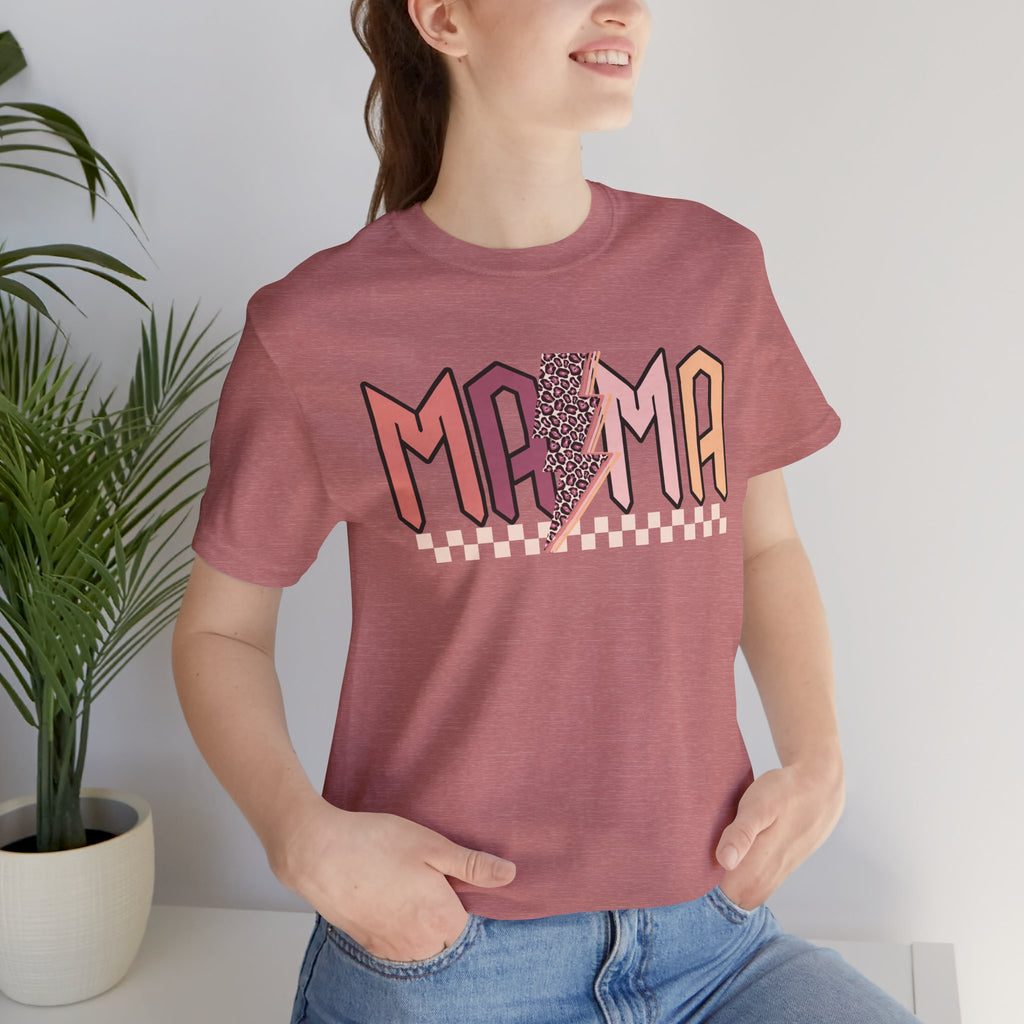 Mama Retro Lightning Tee – Vintage Checkered Mom T-Shirt
