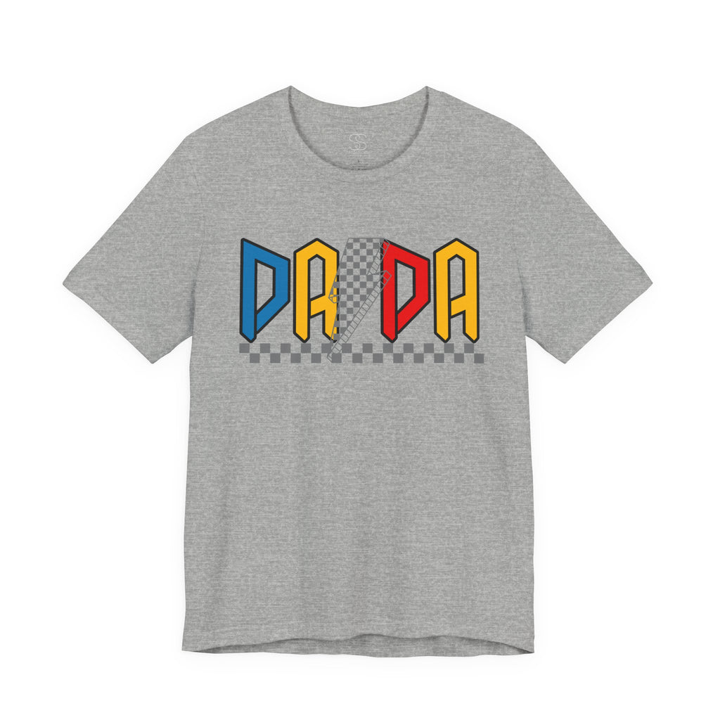 DA DA Retro Checkerboard Graphic Tee — 'DA DA' Colorblock Dad T‑Shirt