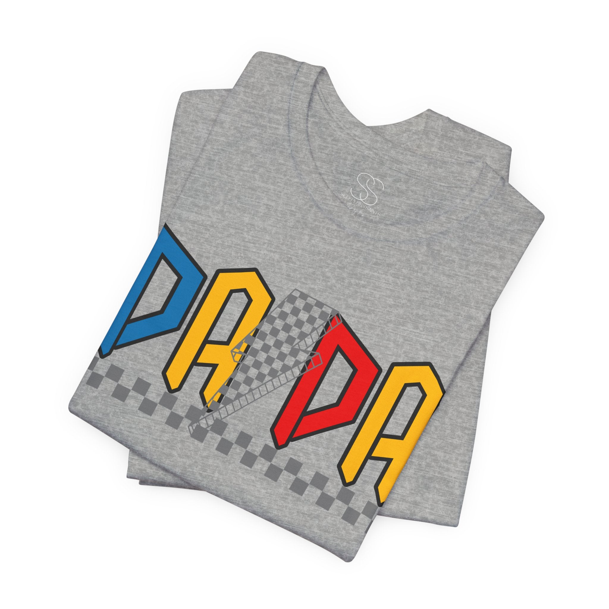DA DA Retro Checkerboard Graphic Tee — 'DA DA' Colorblock Dad T‑Shirt