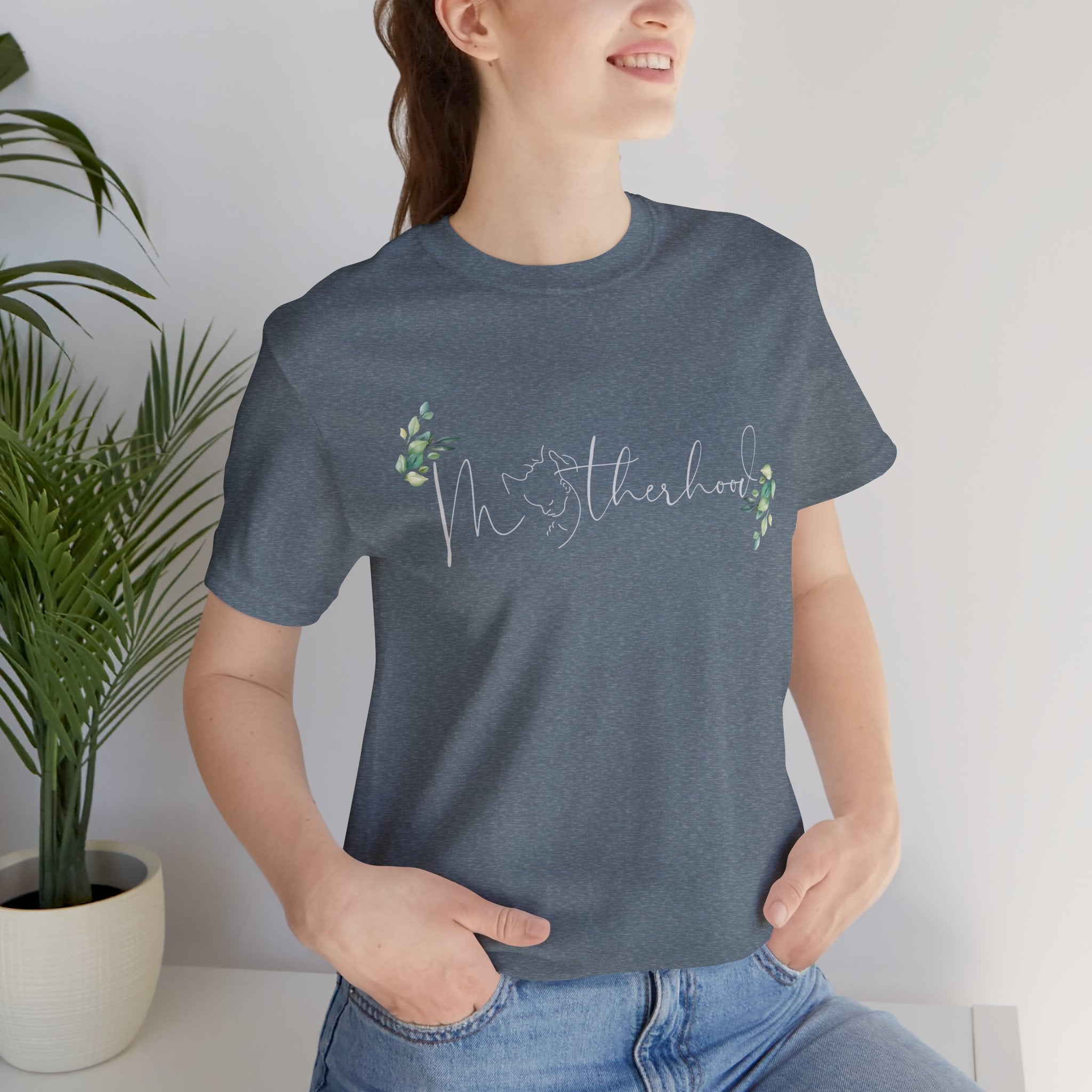 Motherhood Tee — "Motherhood" Script Floral Graphic Short Sleeve Shirt