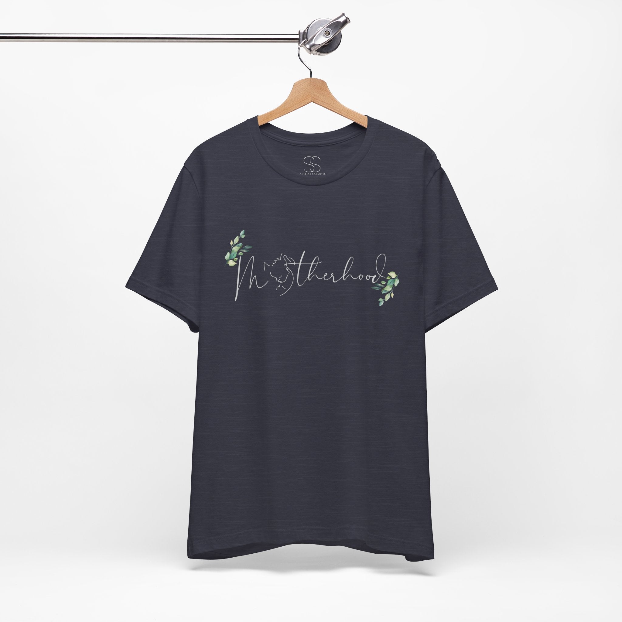 Motherhood Tee — "Motherhood" Script Floral Graphic Short Sleeve Shirt