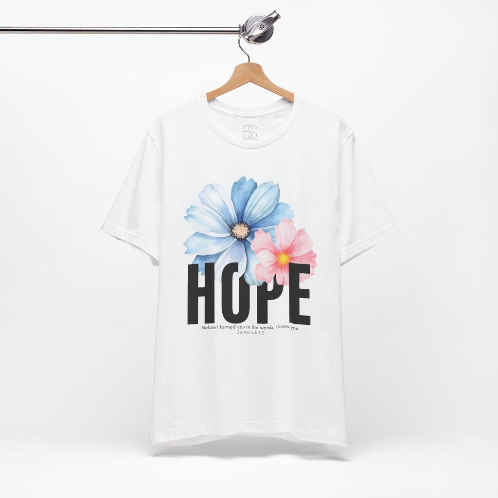 Hope Floral T-Shirt — Inspirational Hope Tee with Blue & Pink Flowers