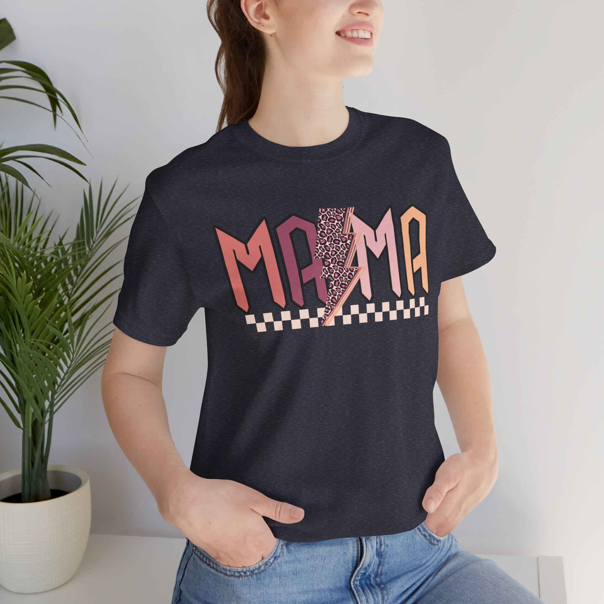 Mama Retro Lightning Tee – Vintage Checkered Mom T-Shirt