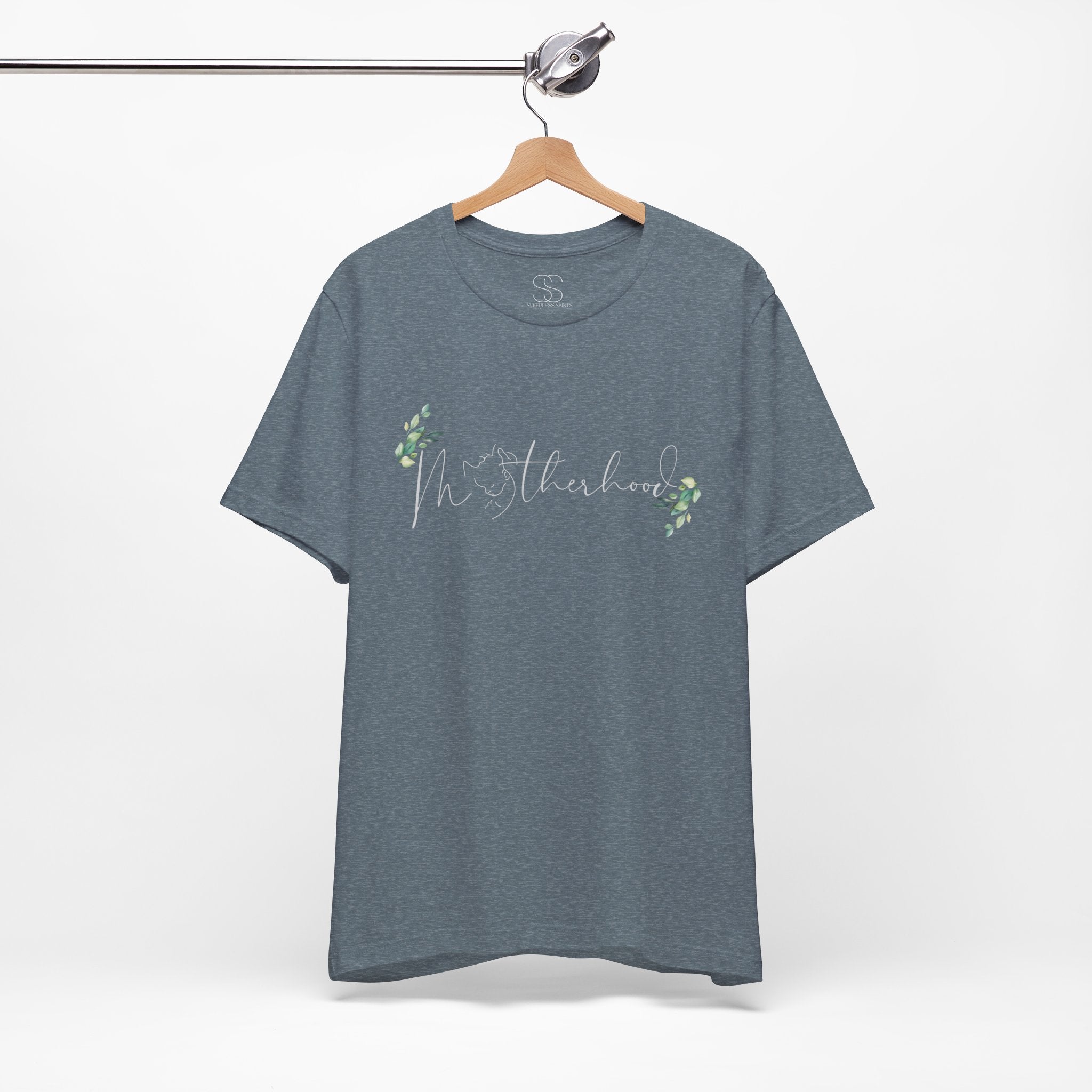 Motherhood Tee — "Motherhood" Script Floral Graphic Short Sleeve Shirt