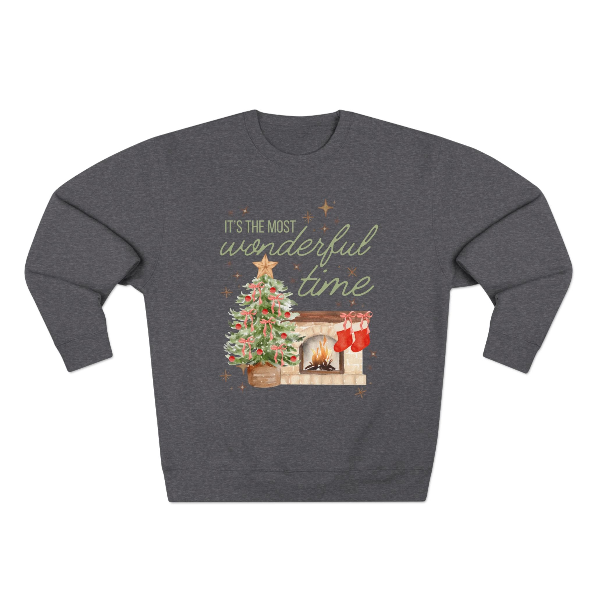 Christmas Crewneck Sweatshirt — "It's the Most Wonderful Time" Holiday Sweater with Tree & Fireplace