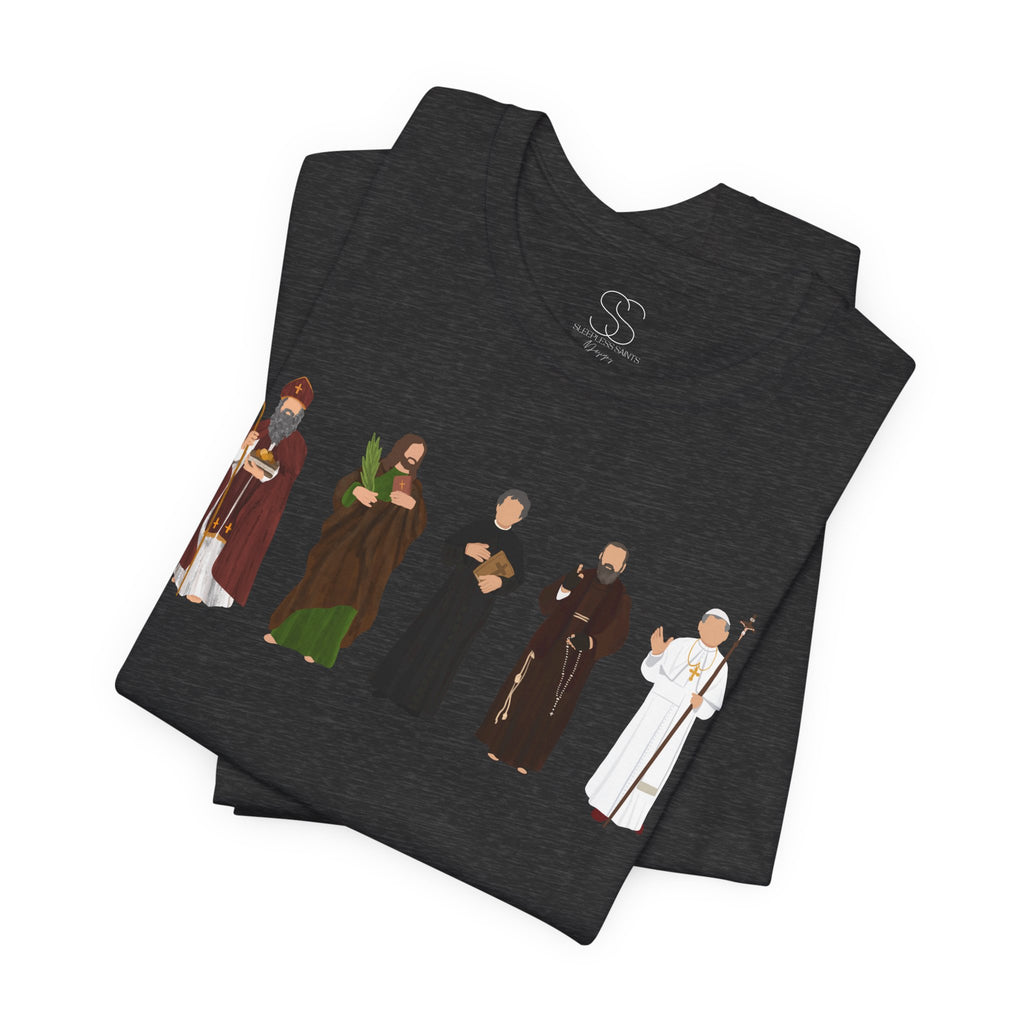 Saints Lineup T‑Shirt — Minimal Catholic Saints Illustration Tee