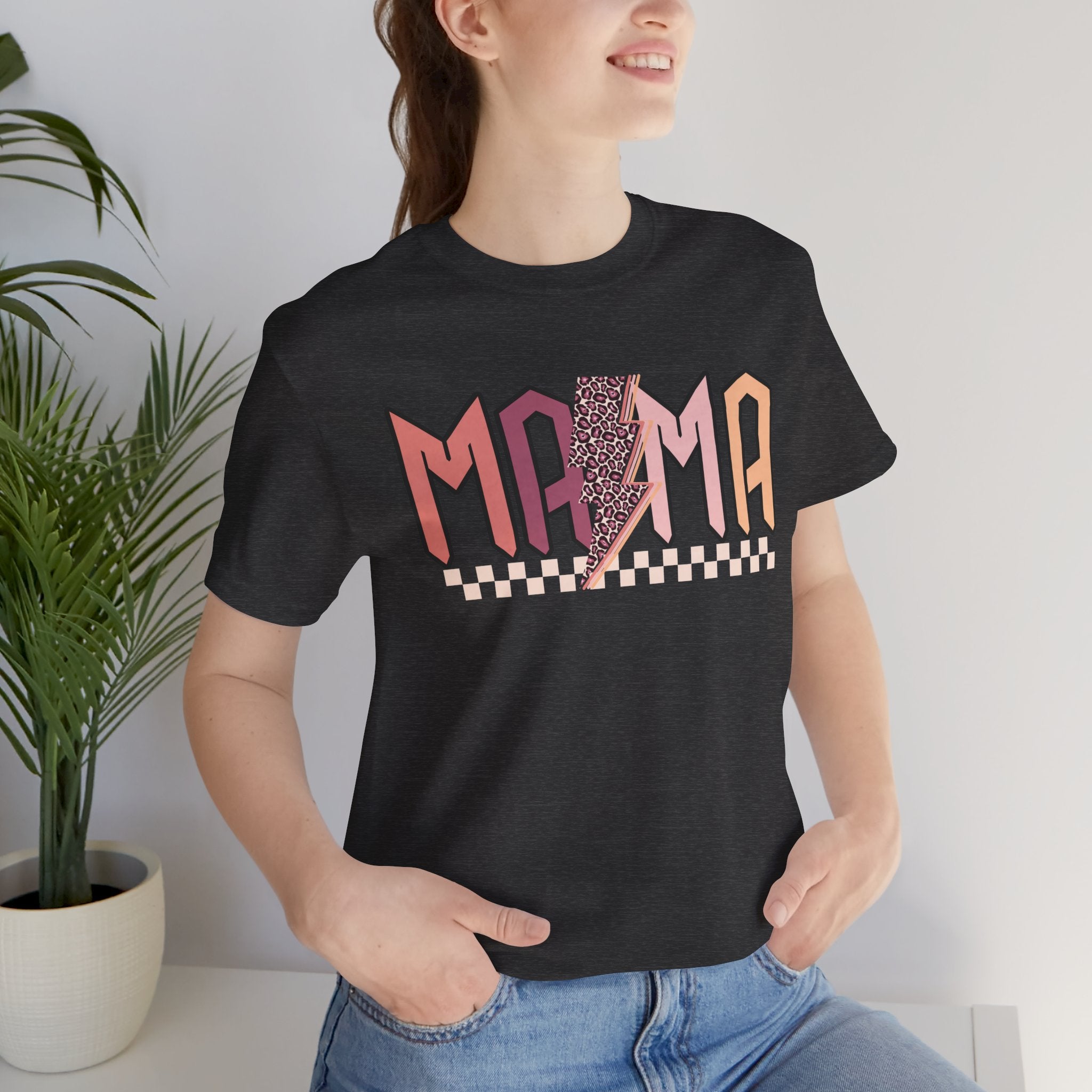 Mama Retro Lightning Tee – Vintage Checkered Mom T-Shirt