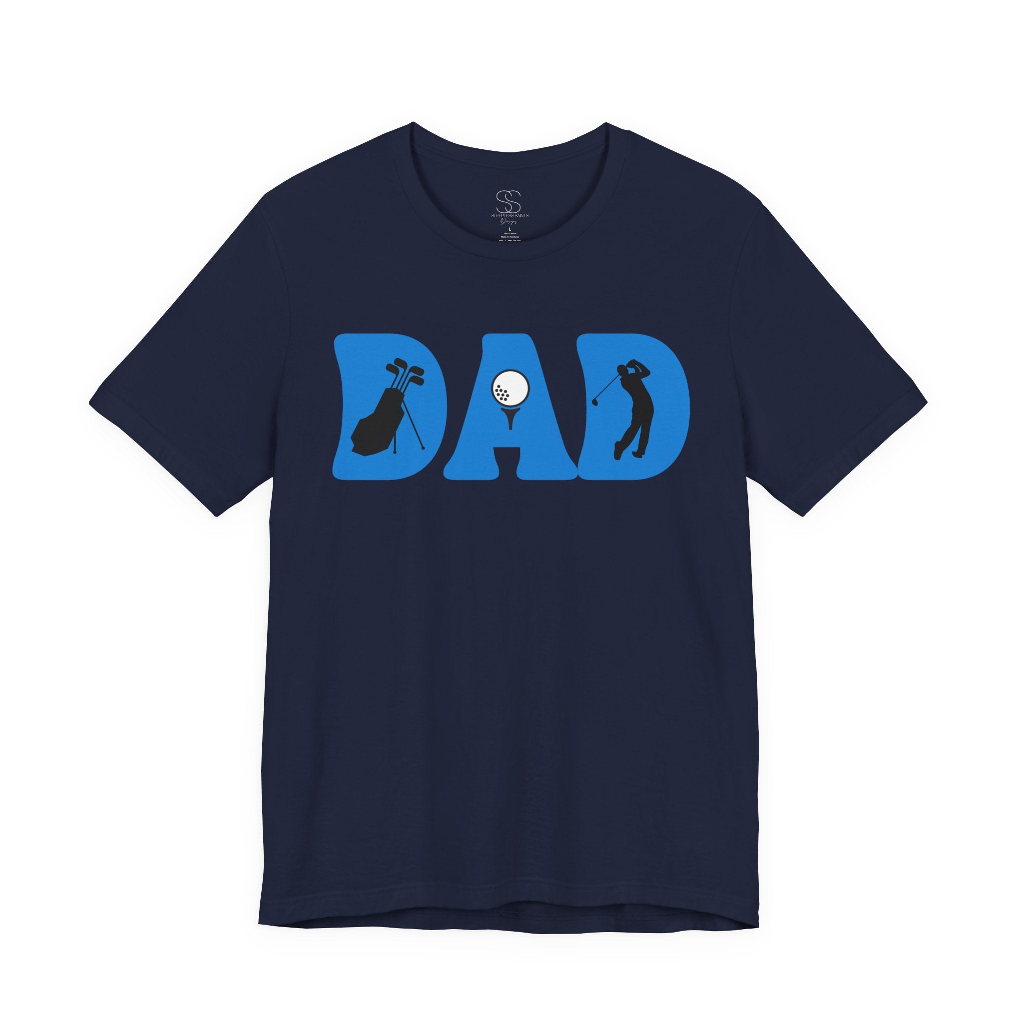 Dad Golf T-Shirt — Blue "DAD" Golf Silhouette Tee