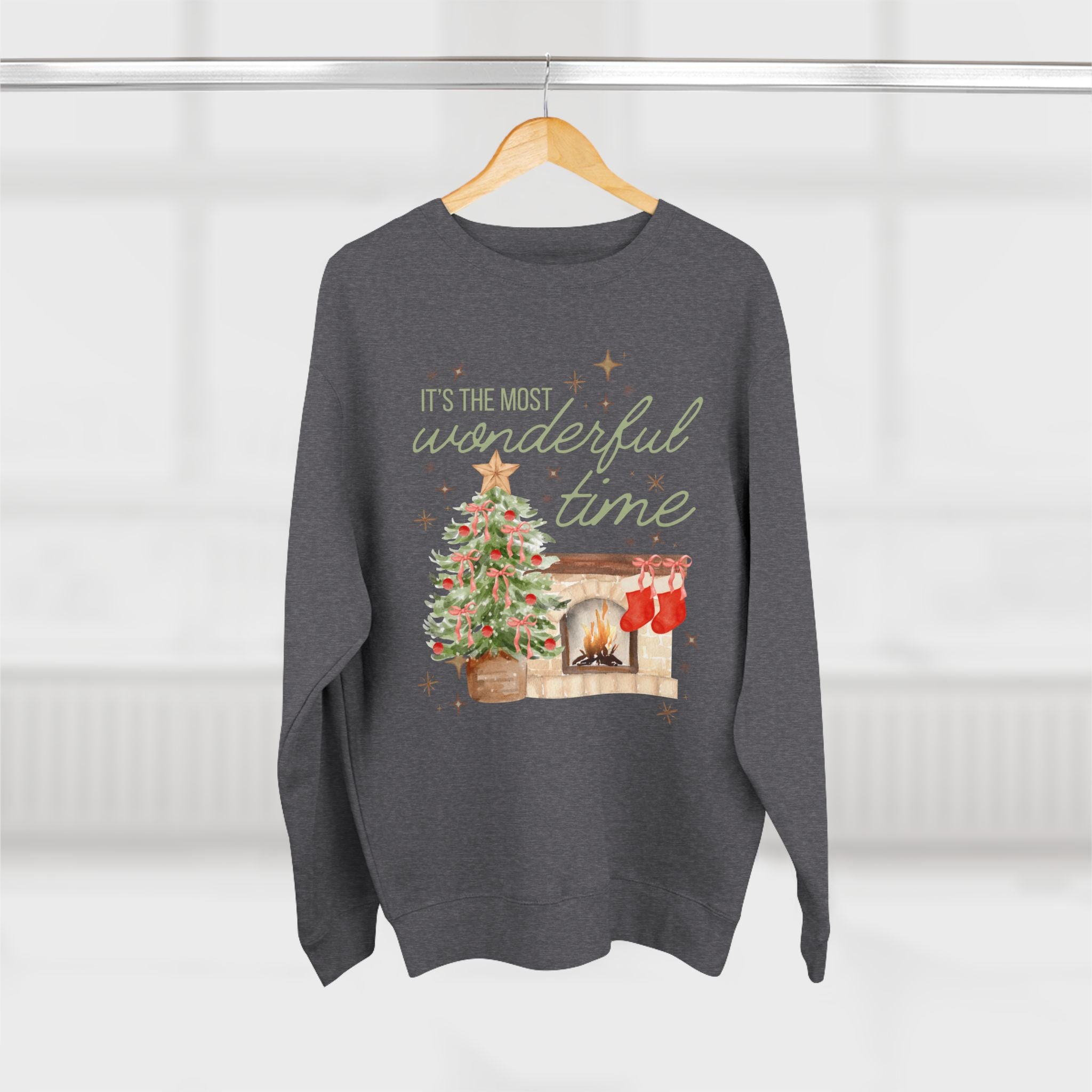 Christmas Crewneck Sweatshirt — "It's the Most Wonderful Time" Holiday Sweater with Tree & Fireplace