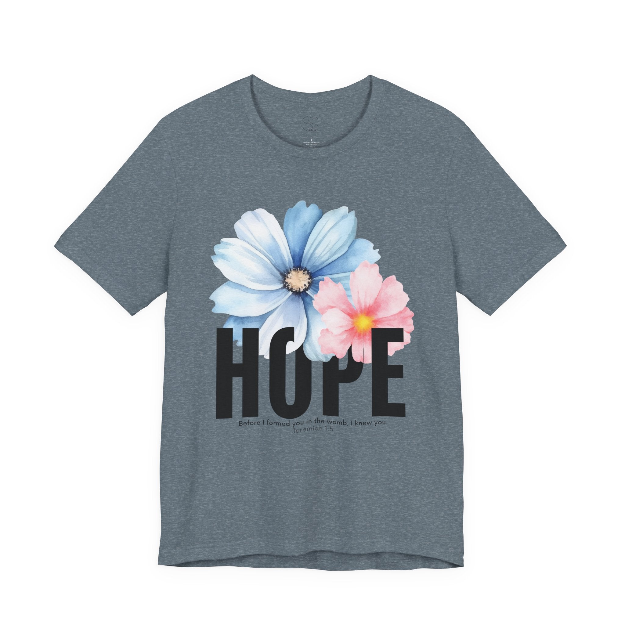Hope Floral T-Shirt — Inspirational Hope Tee with Blue & Pink Flowers