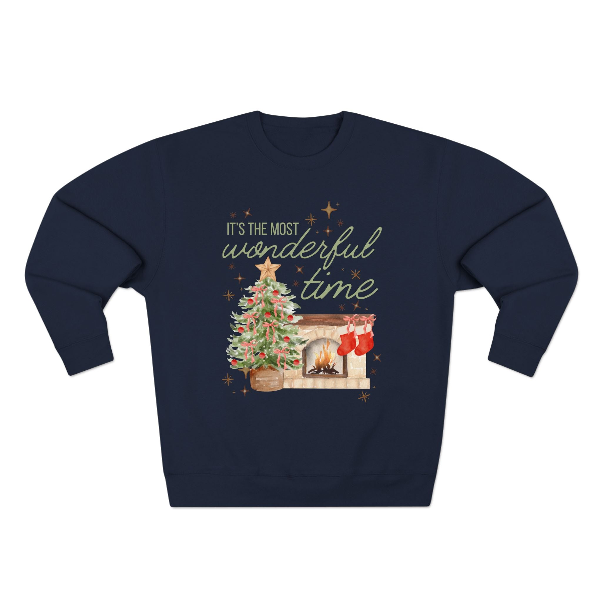 Christmas Crewneck Sweatshirt — "It's the Most Wonderful Time" Holiday Sweater with Tree & Fireplace
