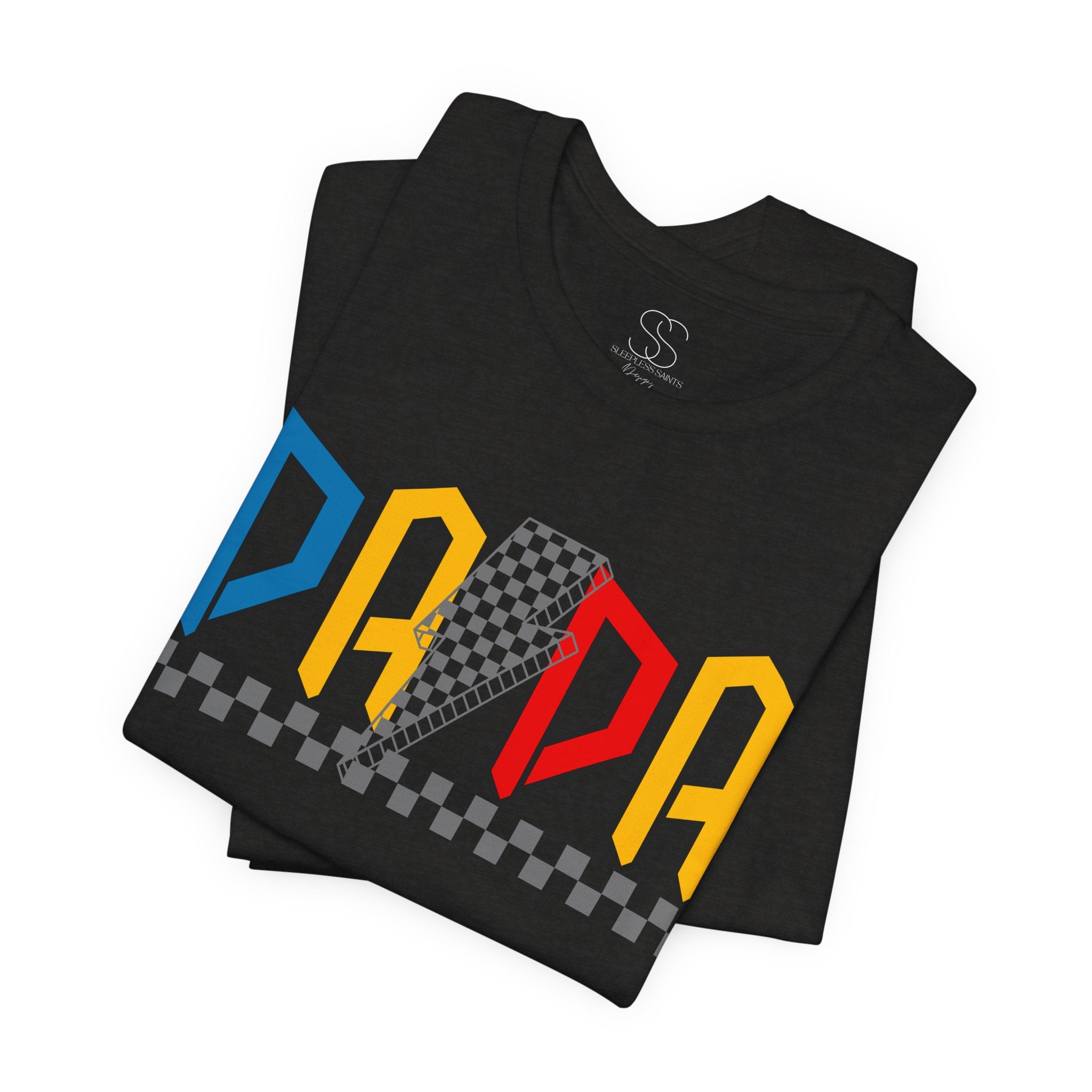 DA DA Retro Checkerboard Graphic Tee — 'DA DA' Colorblock Dad T‑Shirt