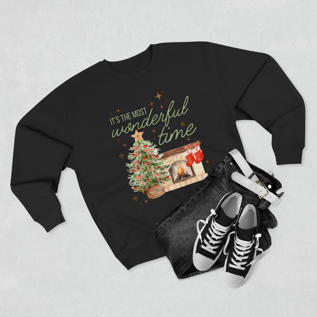 Christmas Crewneck Sweatshirt — "It's the Most Wonderful Time" Holiday Sweater with Tree & Fireplace
