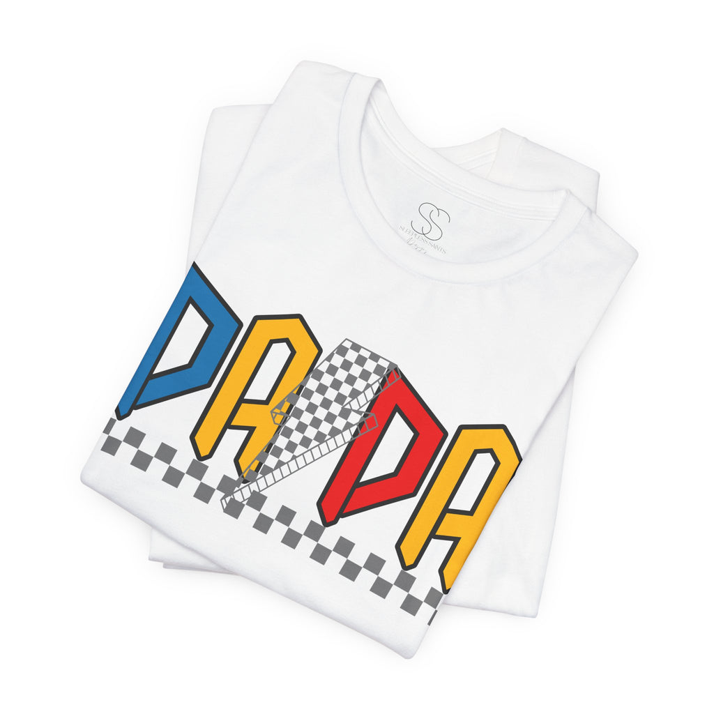 DA DA Retro Checkerboard Graphic Tee — 'DA DA' Colorblock Dad T‑Shirt