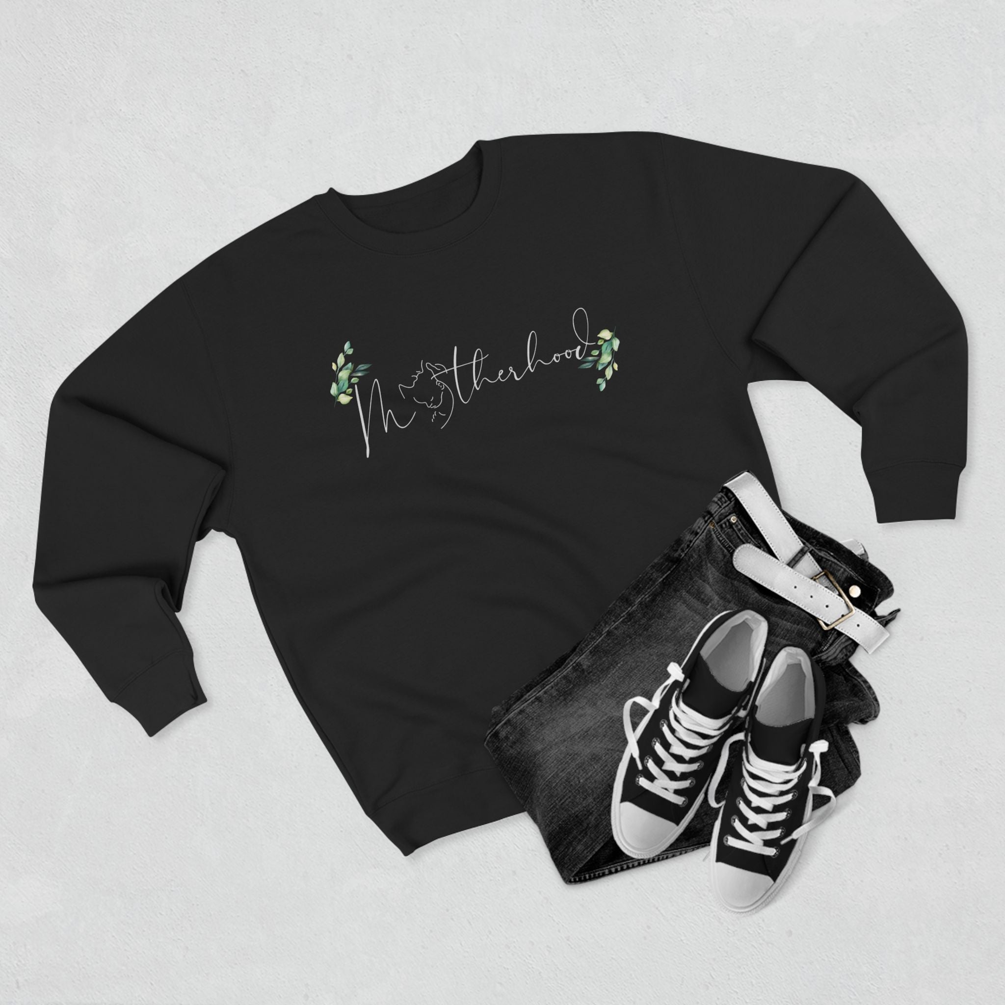 Motherhood Script Sweatshirt — Floral Eucalyptus Mom Crewneck