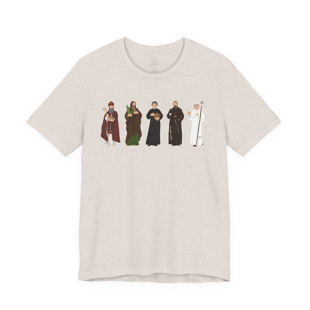 Saints Lineup T‑Shirt — Minimal Catholic Saints Illustration Tee