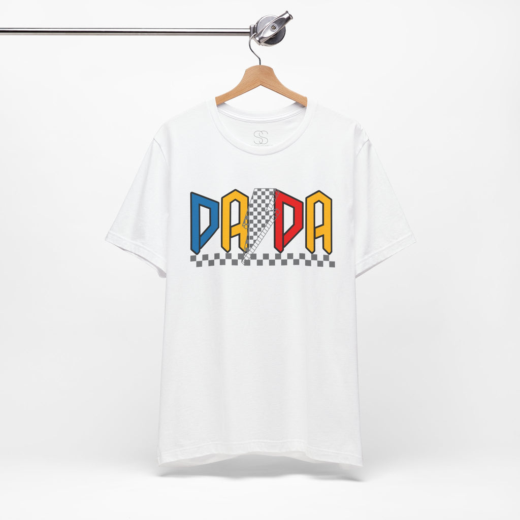 DA DA Retro Checkerboard Graphic Tee — 'DA DA' Colorblock Dad T‑Shirt