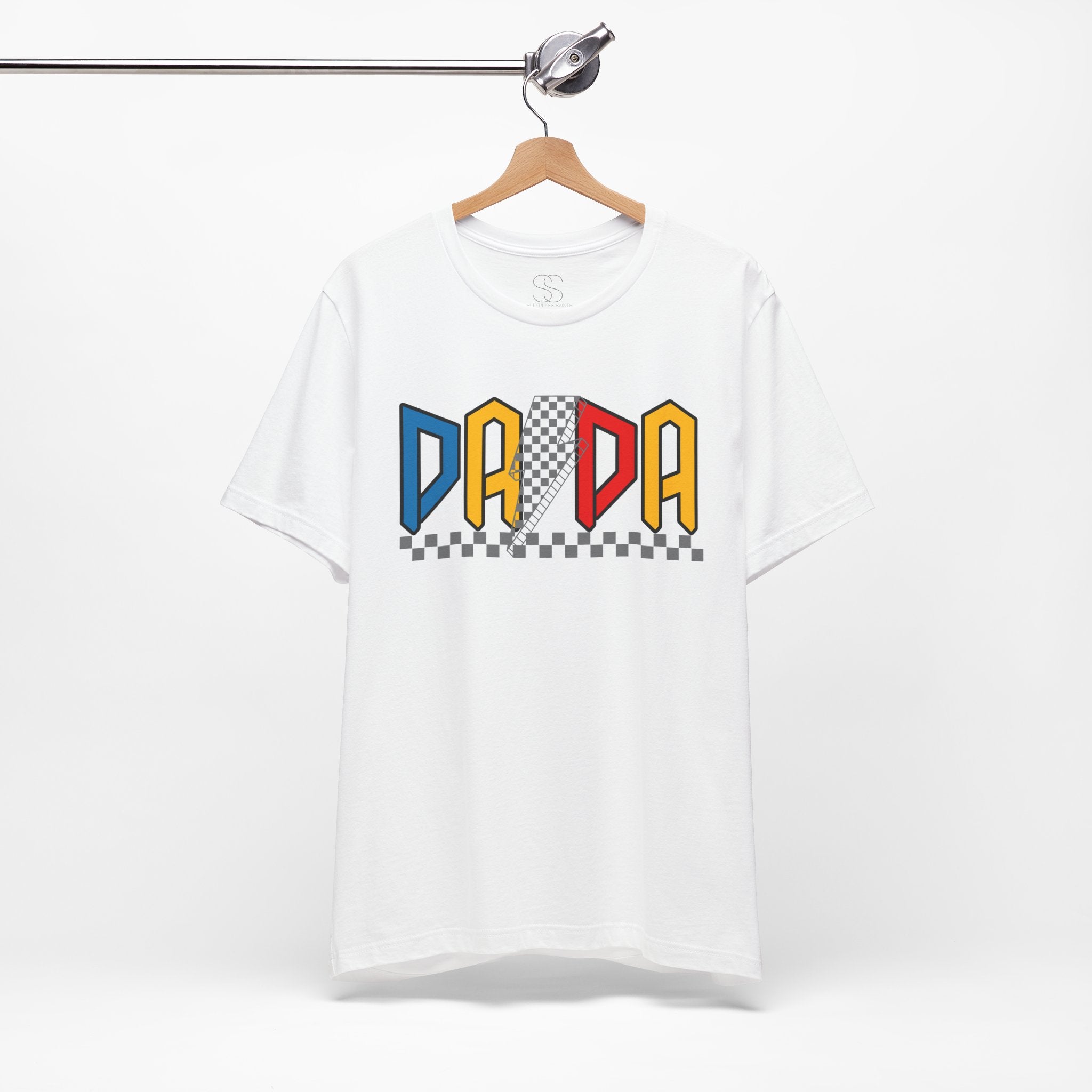 DA DA Retro Checkerboard Graphic Tee — 'DA DA' Colorblock Dad T‑Shirt