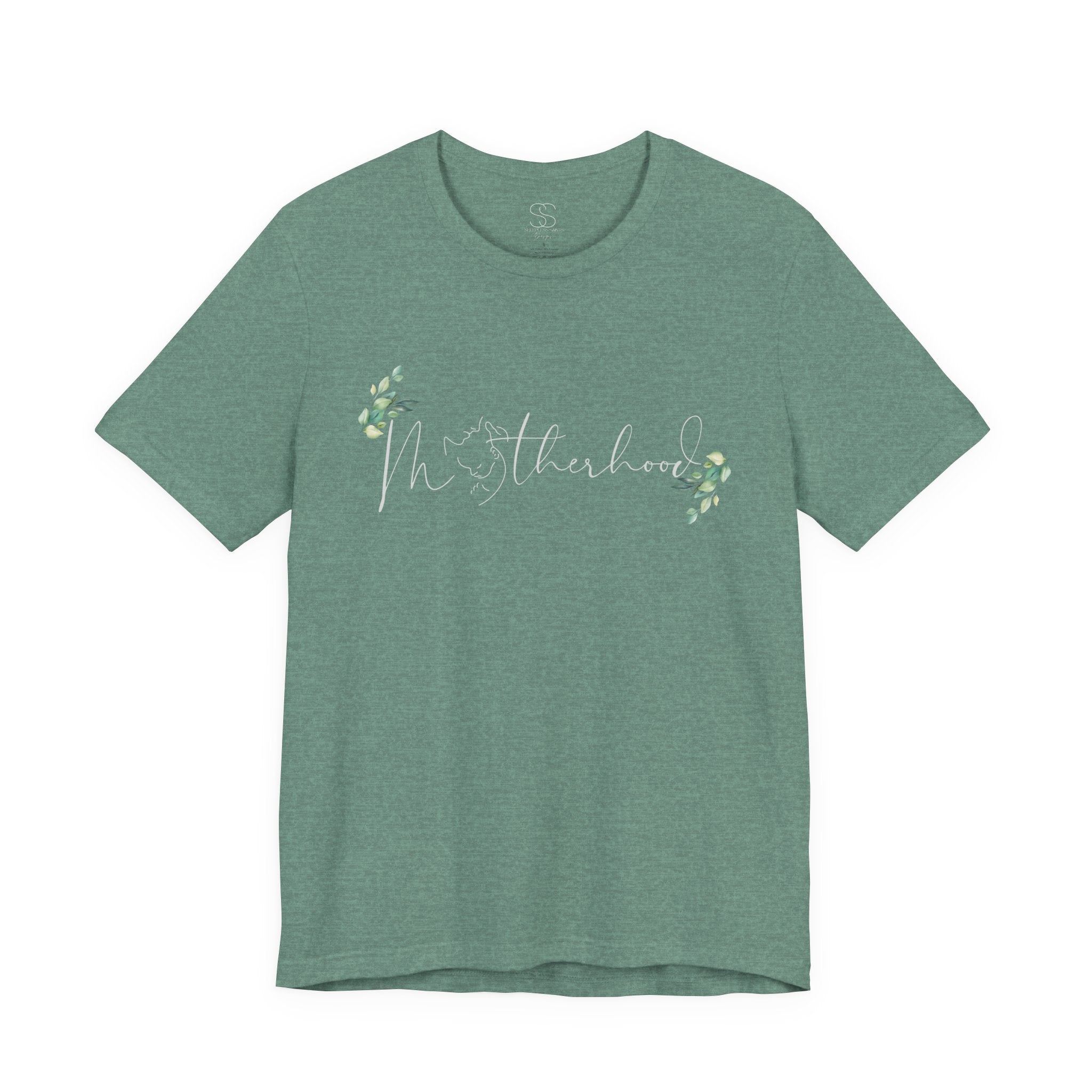 Motherhood Tee — "Motherhood" Script Floral Graphic Short Sleeve Shirt