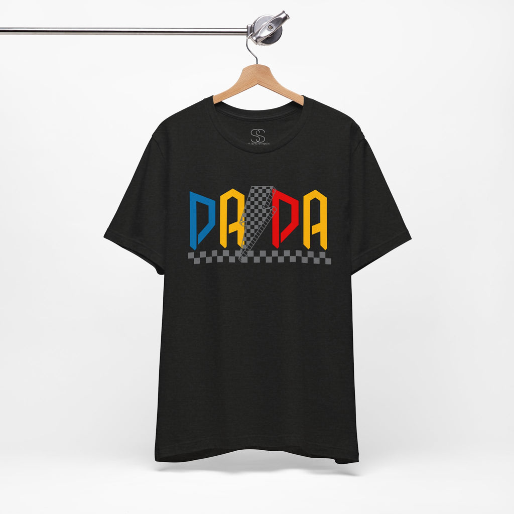 DA DA Retro Checkerboard Graphic Tee — 'DA DA' Colorblock Dad T‑Shirt