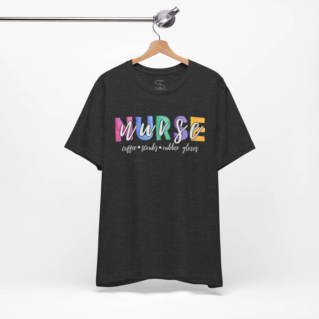 Nurse Rainbow Block Letters Tee — "NURSE" with Coffee, Scrubs, Rubber Gloves Text