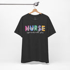 Nurse Rainbow Block Letters Tee — "NURSE" with Coffee, Scrubs, Rubber Gloves Text