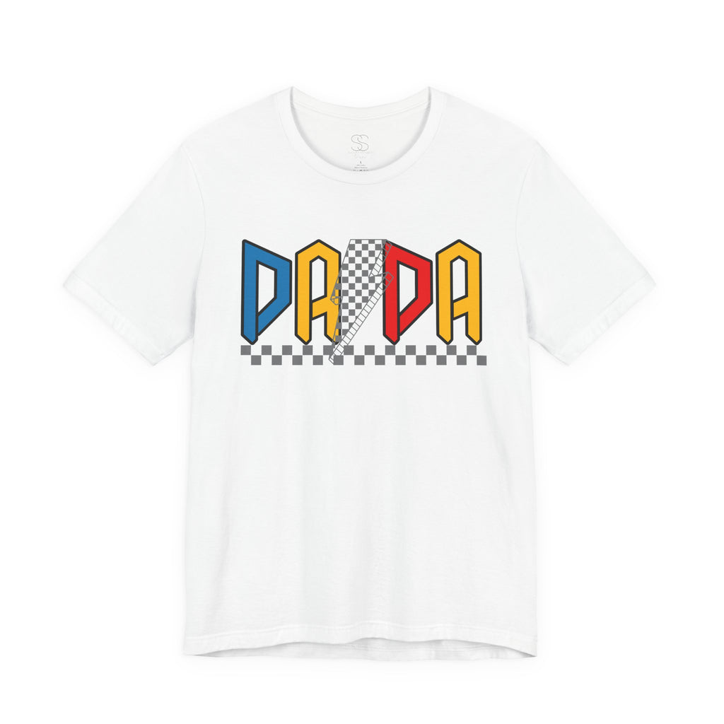 DA DA Retro Checkerboard Graphic Tee — 'DA DA' Colorblock Dad T‑Shirt