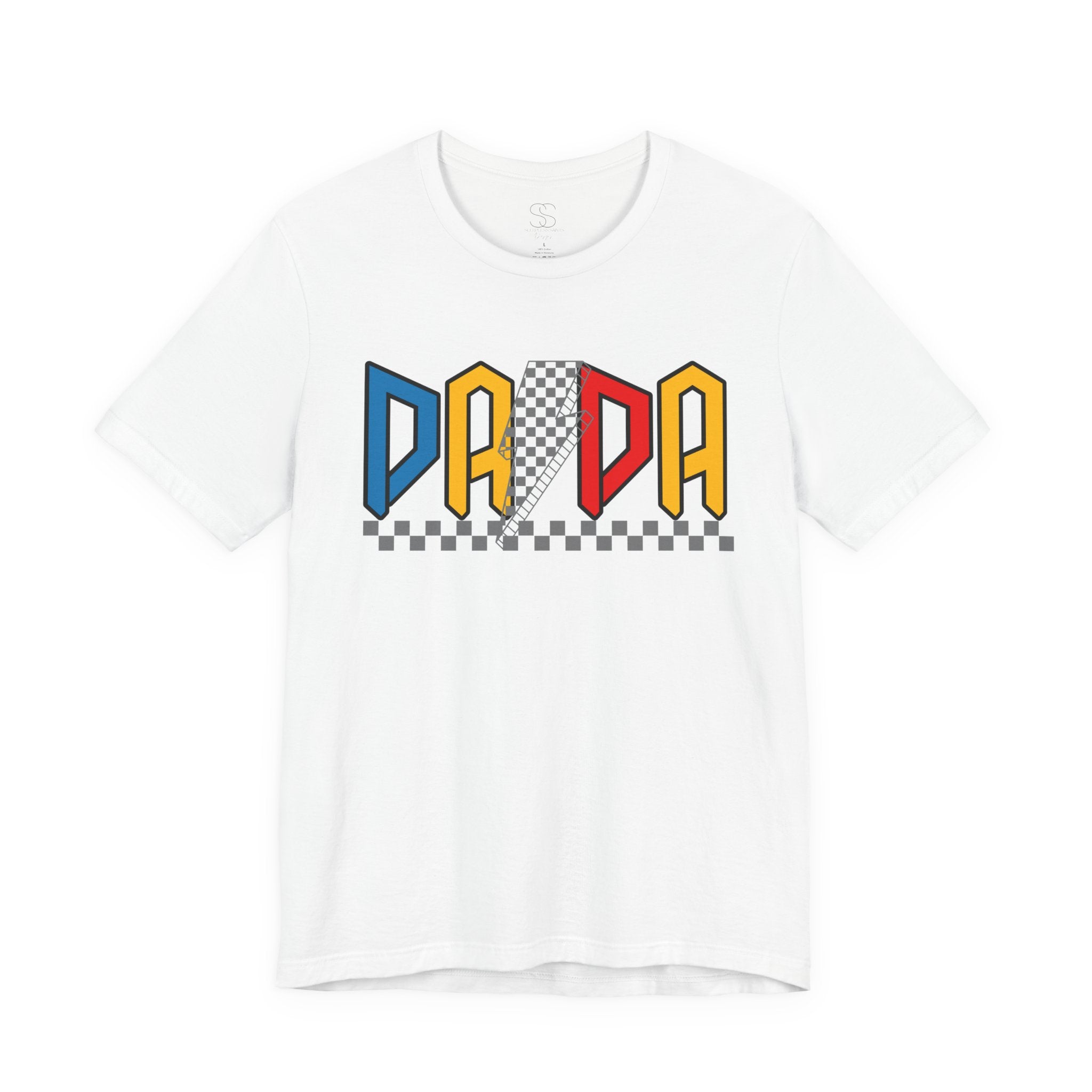 DA DA Retro Checkerboard Graphic Tee — 'DA DA' Colorblock Dad T‑Shirt