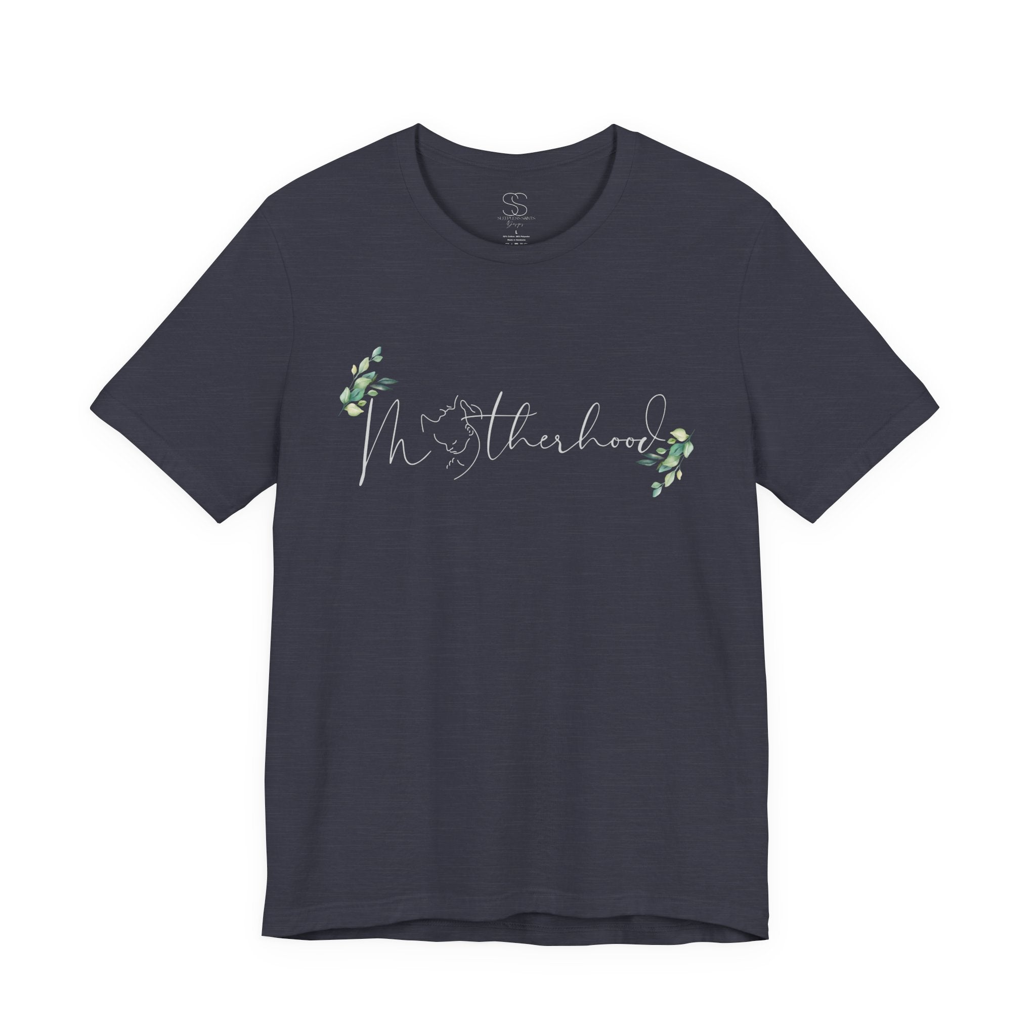 Motherhood Tee — "Motherhood" Script Floral Graphic Short Sleeve Shirt