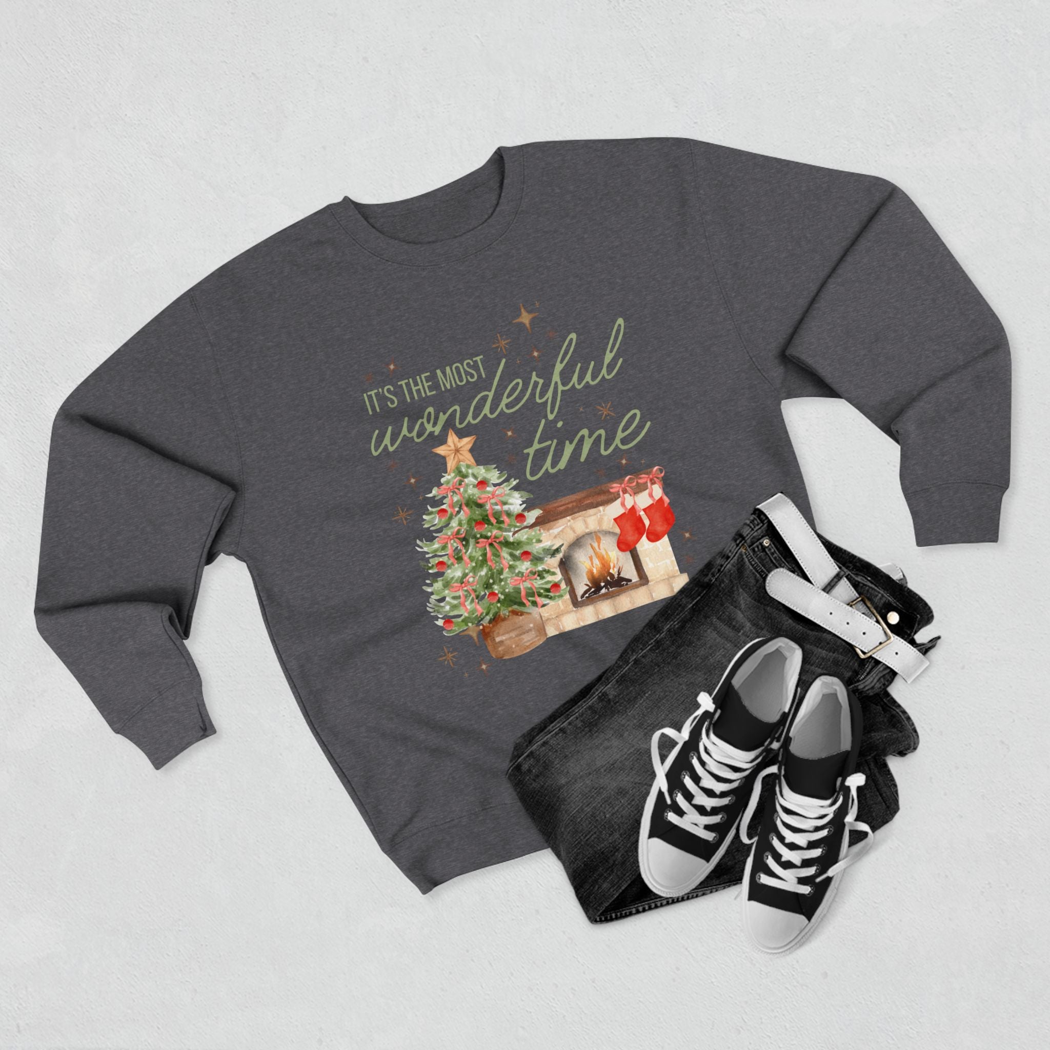 Christmas Crewneck Sweatshirt — "It's the Most Wonderful Time" Holiday Sweater with Tree & Fireplace