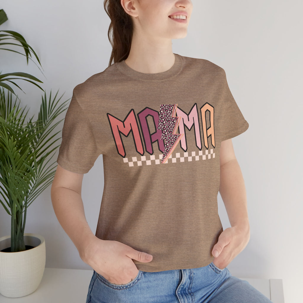Mama Retro Lightning Tee – Vintage Checkered Mom T-Shirt