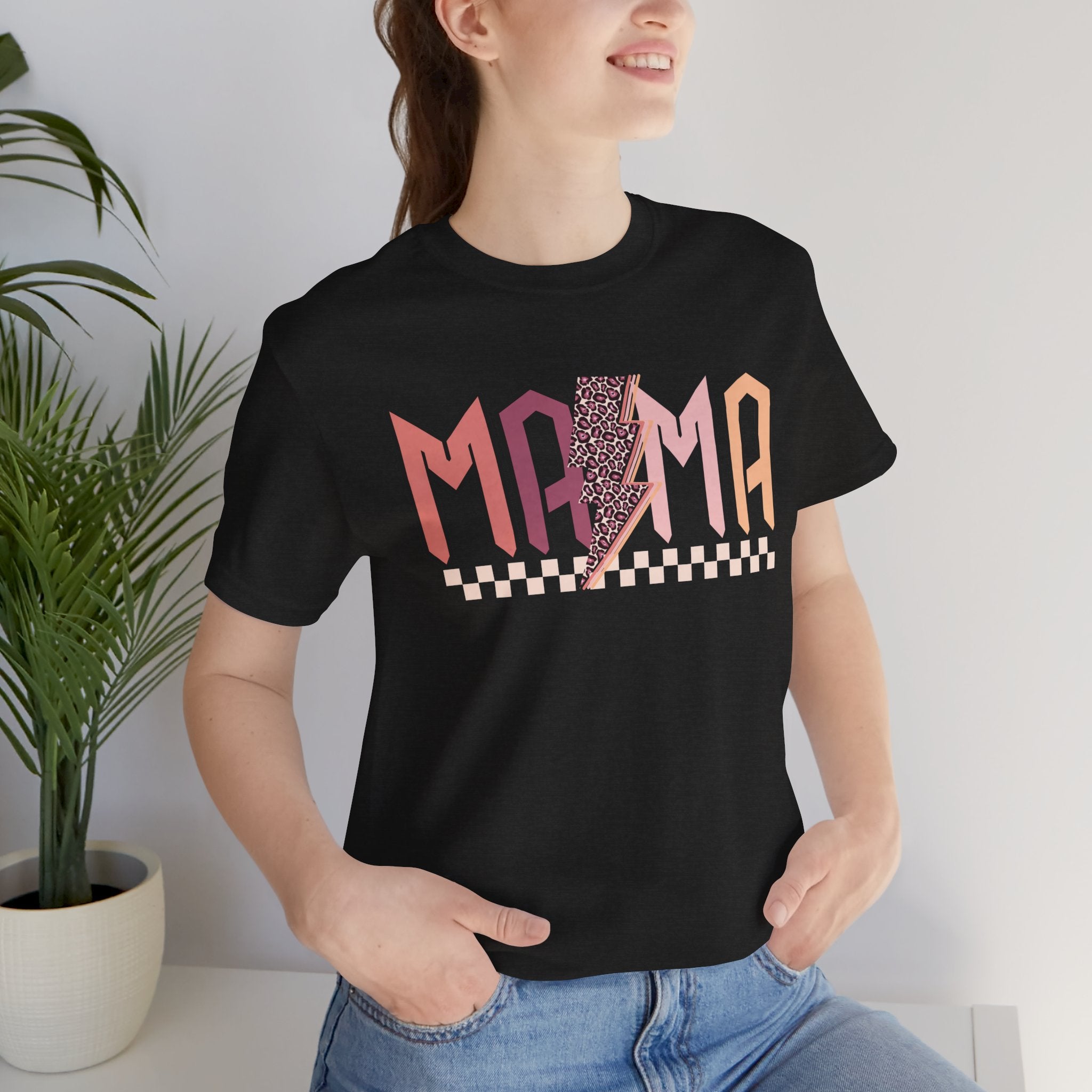 Mama Retro Lightning Tee – Vintage Checkered Mom T-Shirt