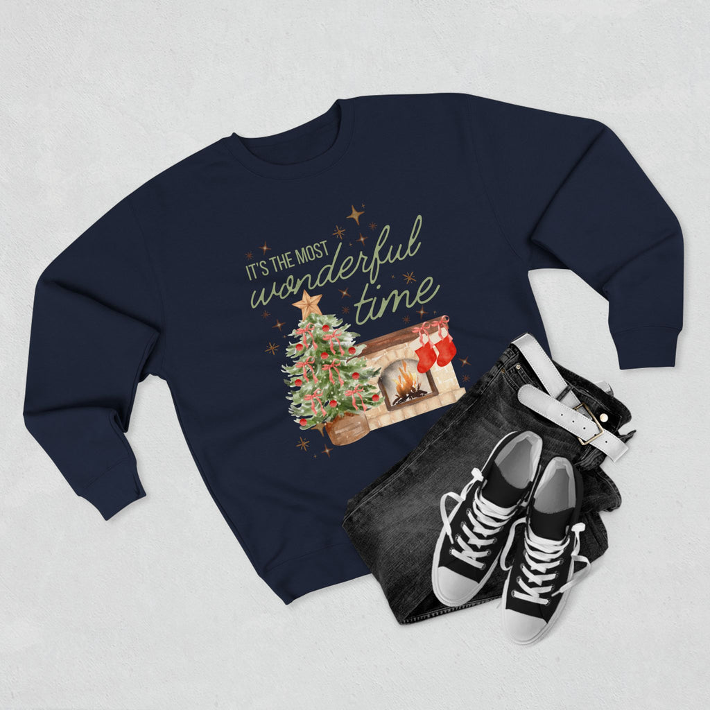 Christmas Crewneck Sweatshirt — "It's the Most Wonderful Time" Holiday Sweater with Tree & Fireplace