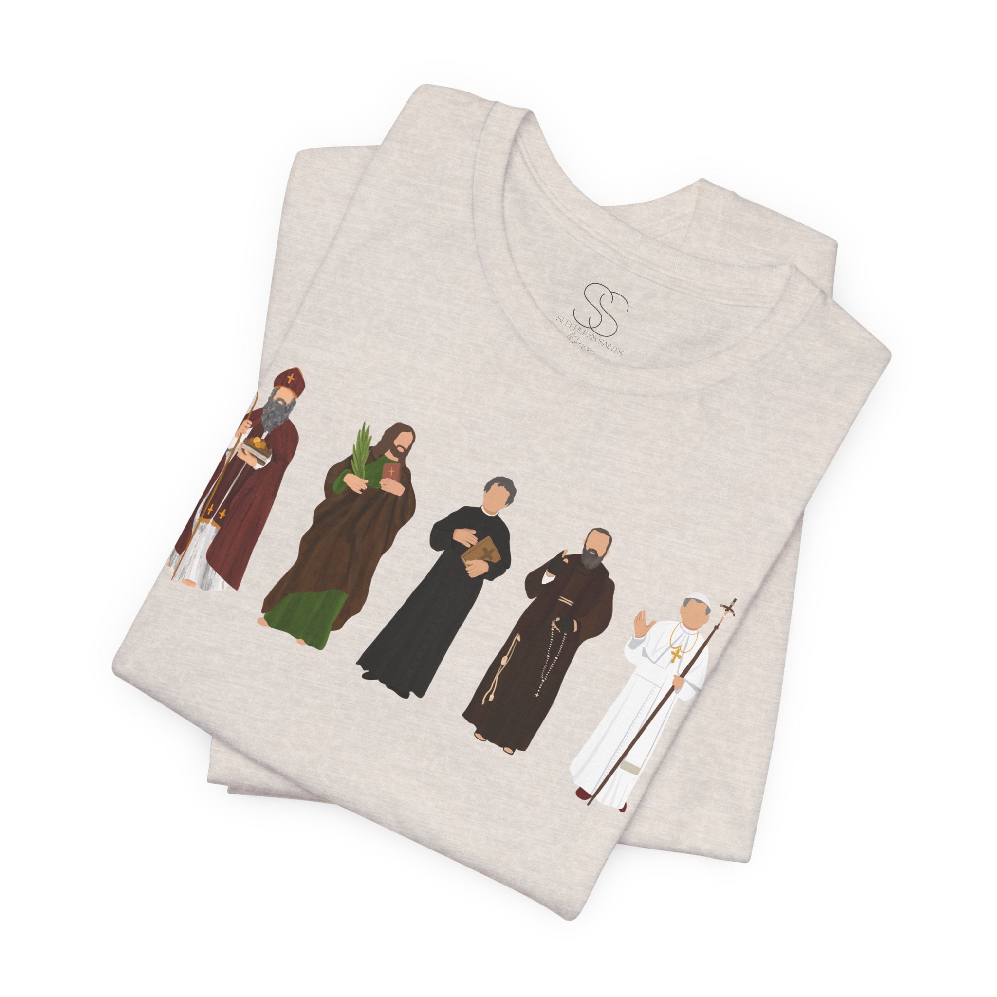 Saints Lineup T‑Shirt — Minimal Catholic Saints Illustration Tee