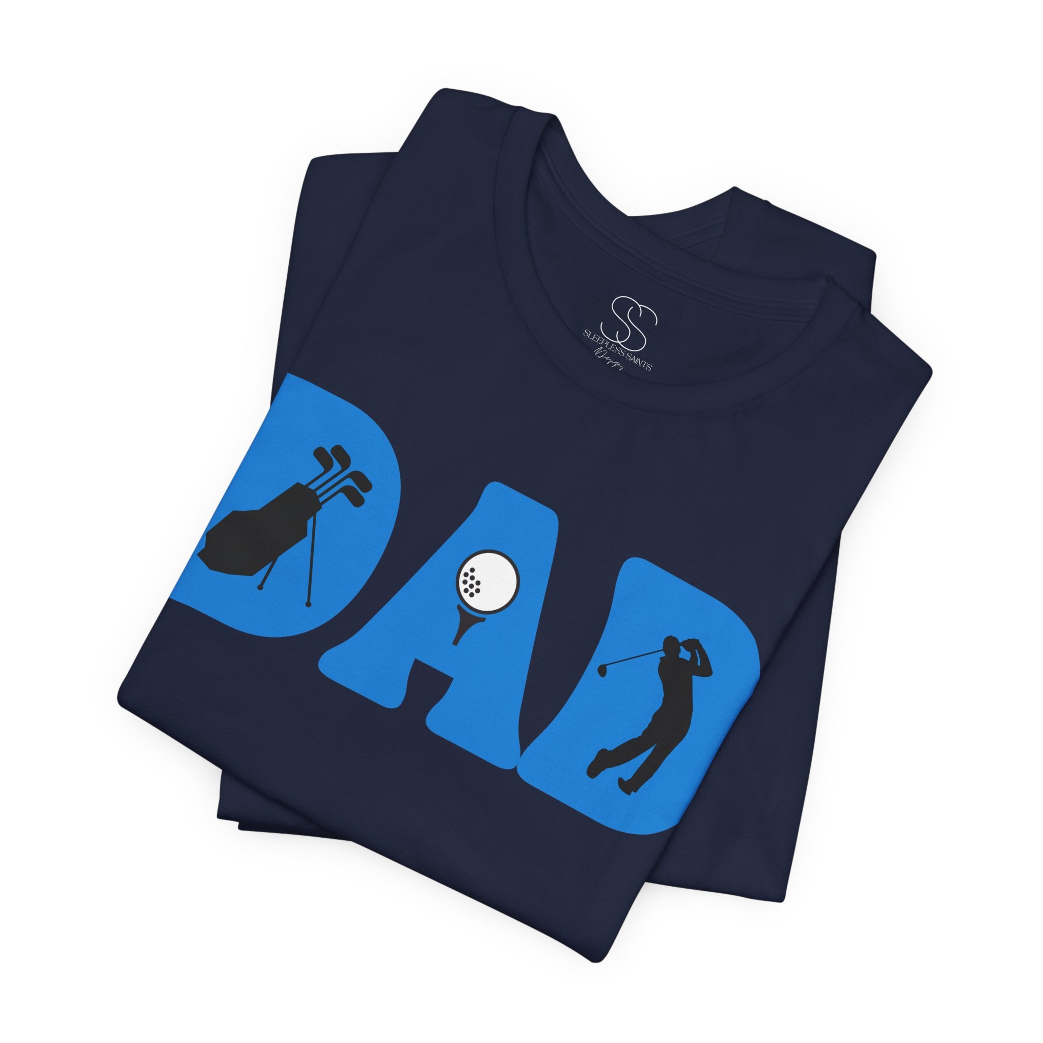 Dad Golf T-Shirt — Blue "DAD" Golf Silhouette Tee