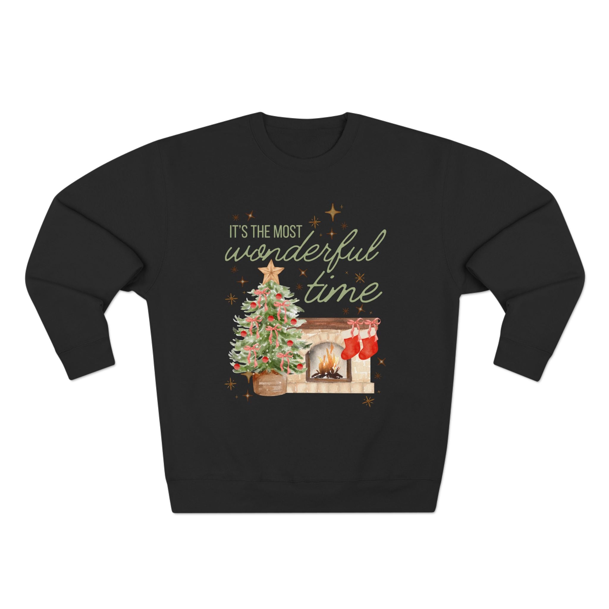 Christmas Crewneck Sweatshirt — "It's the Most Wonderful Time" Holiday Sweater with Tree & Fireplace