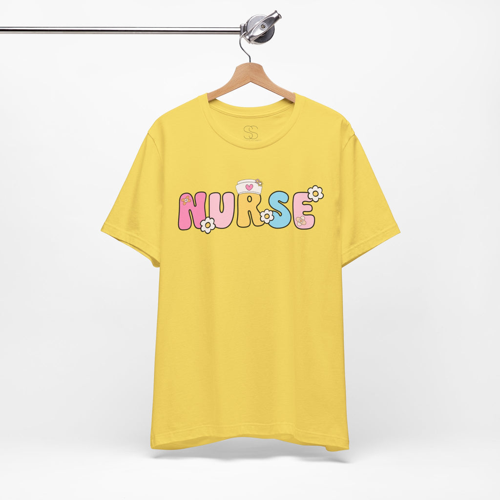 Nurse Floral Bubble Letter T-Shirt — Cute Pastel Tee