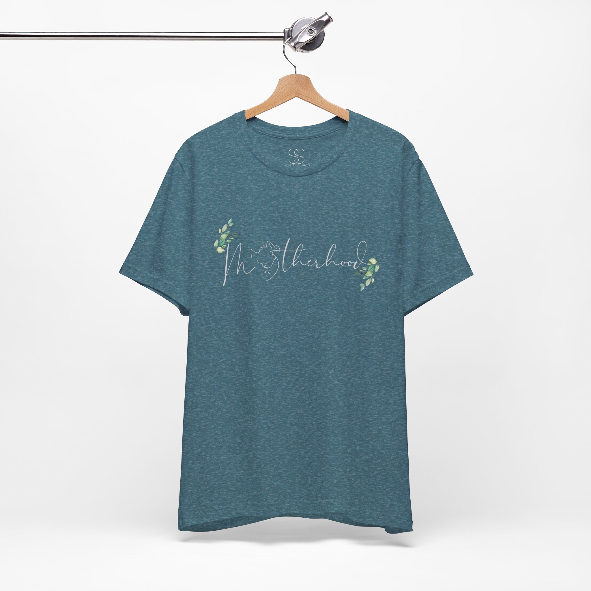 Motherhood Tee — "Motherhood" Script Floral Graphic Short Sleeve Shirt