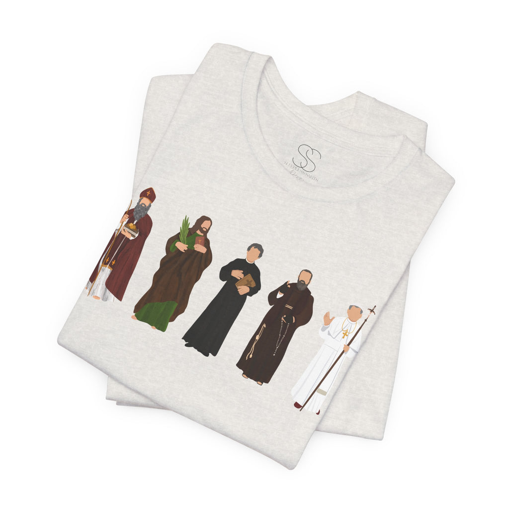 Saints Lineup T‑Shirt — Minimal Catholic Saints Illustration Tee