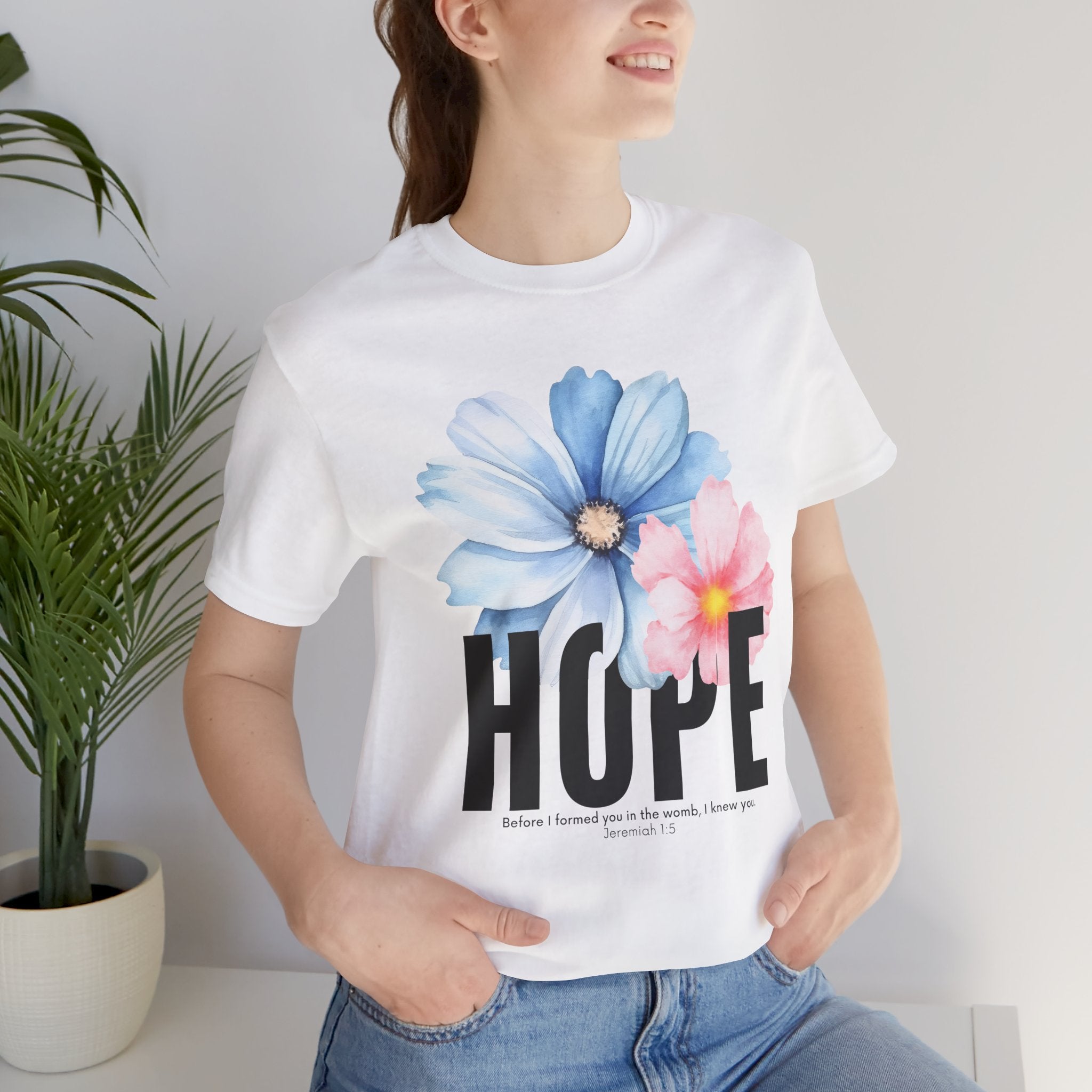 Hope Floral T-Shirt — Inspirational Hope Tee with Blue & Pink Flowers