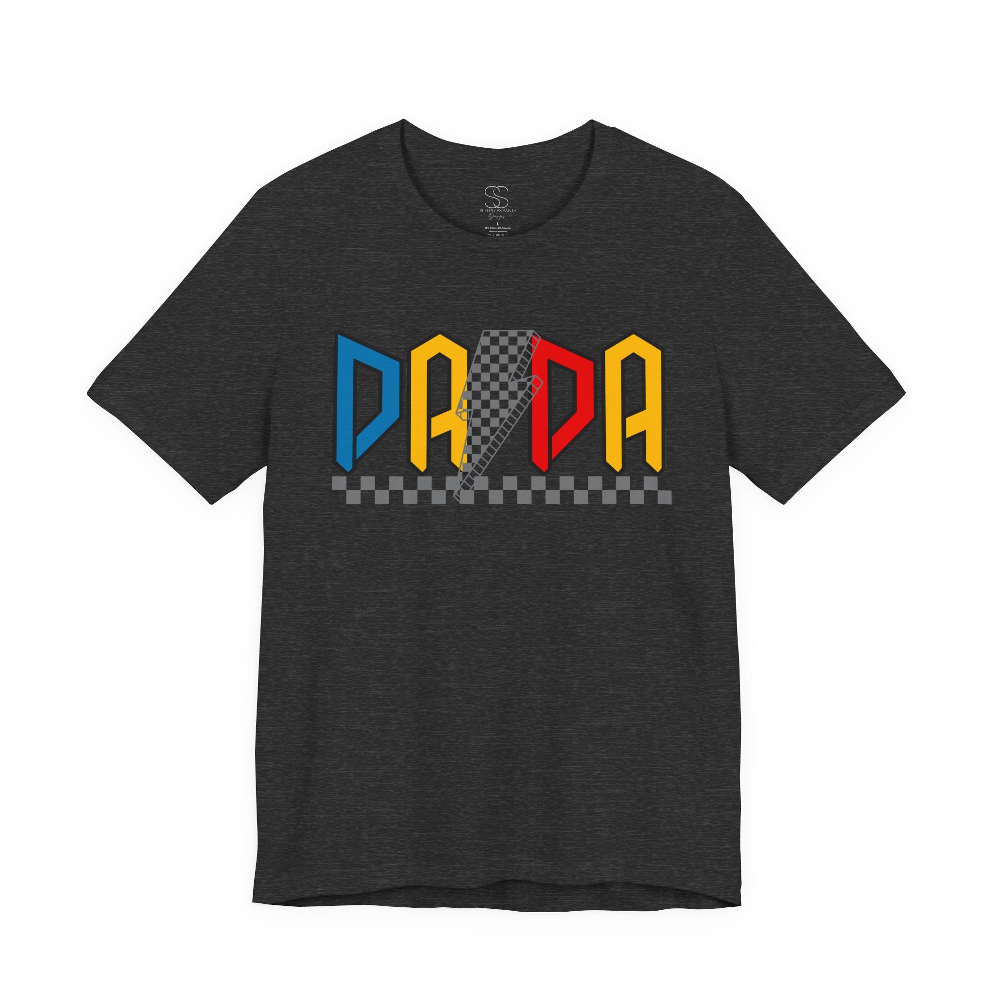 DA DA Retro Checkerboard Graphic Tee — 'DA DA' Colorblock Dad T‑Shirt