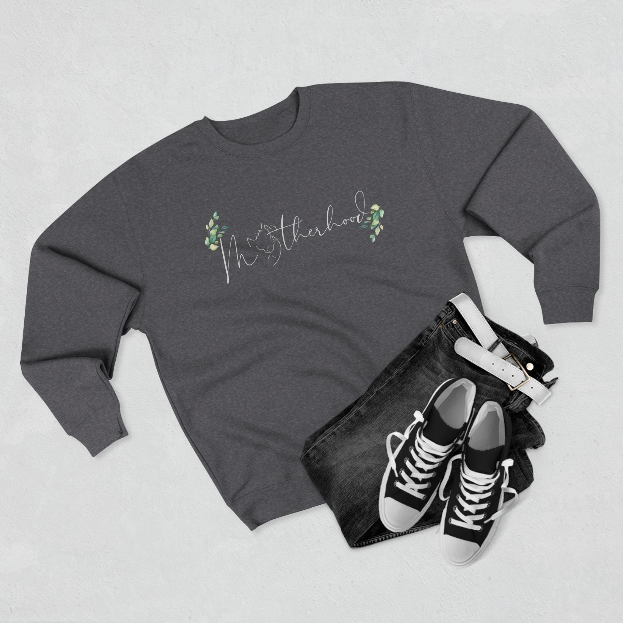 Motherhood Script Sweatshirt — Floral Eucalyptus Mom Crewneck