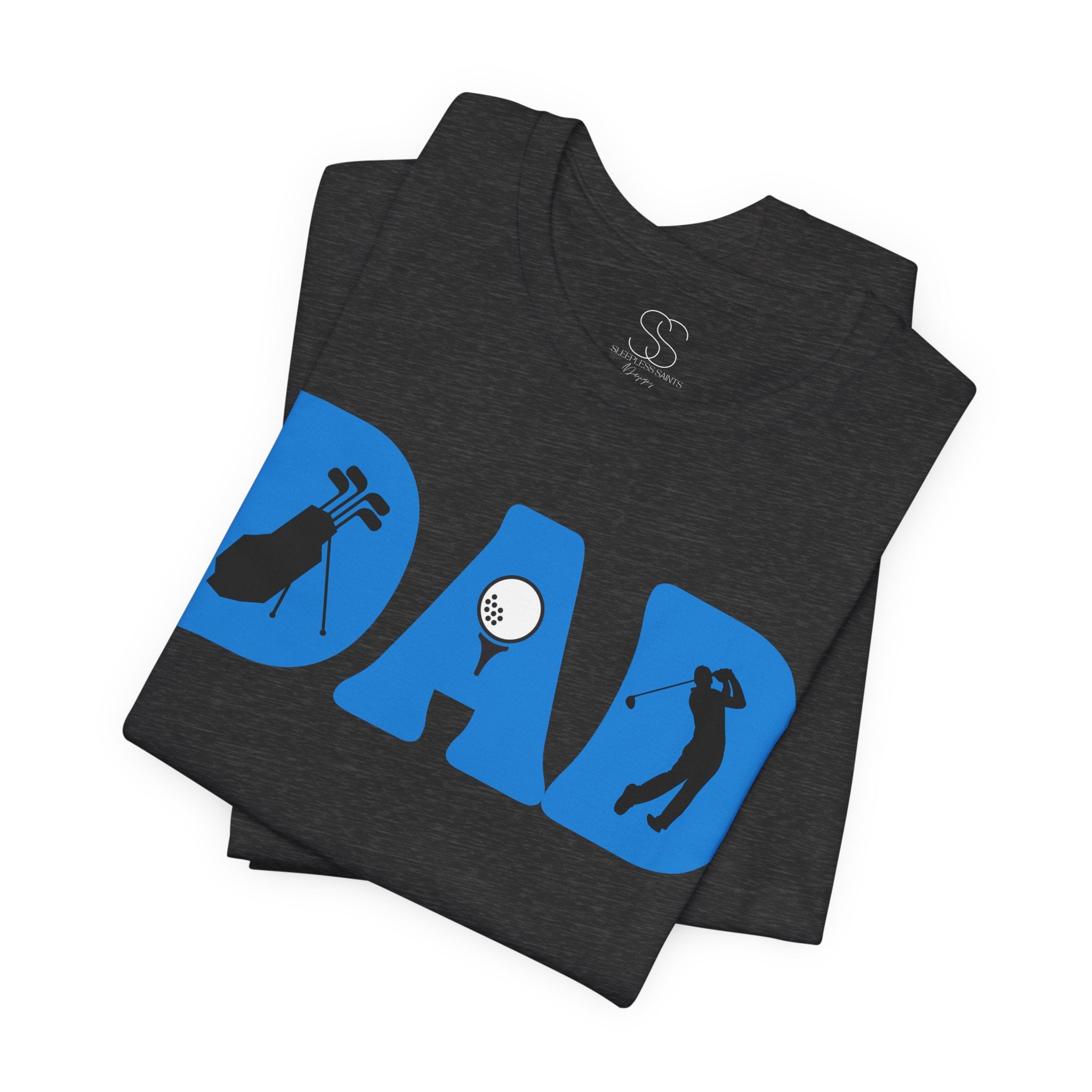 Dad Golf T-Shirt — Blue "DAD" Golf Silhouette Tee