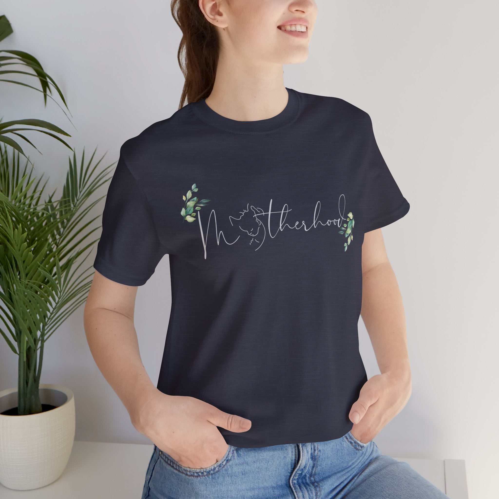 Motherhood Tee — "Motherhood" Script Floral Graphic Short Sleeve Shirt