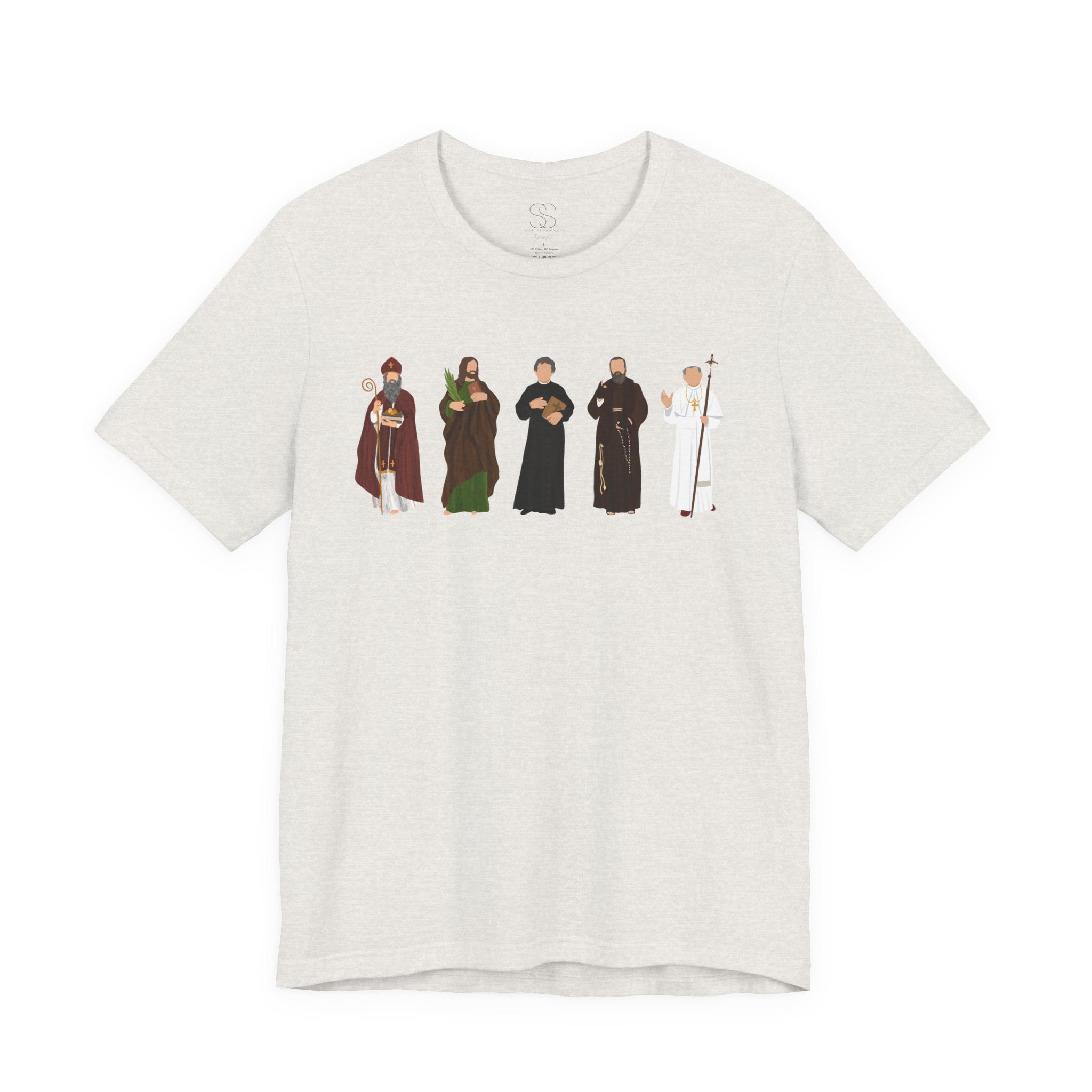 Saints Lineup T‑Shirt — Minimal Catholic Saints Illustration Tee